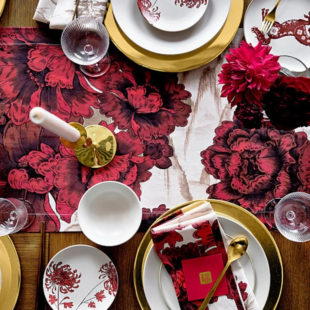 New! Crate&Barrel Red Floral Appetizer Plate Set with Gold Holder